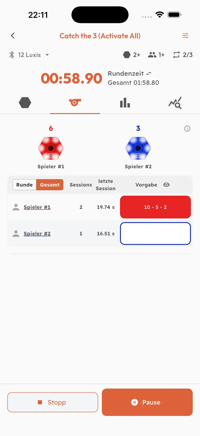 App-Ansicht während des Spiels mit laufender Rundenzeit und zwei Spielern in eigenen Farben