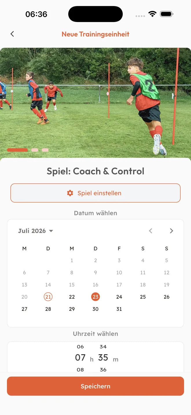 App-Ansicht Neue Trainingseinheit mit Spielauswahl, Kalender und Uhrzeit